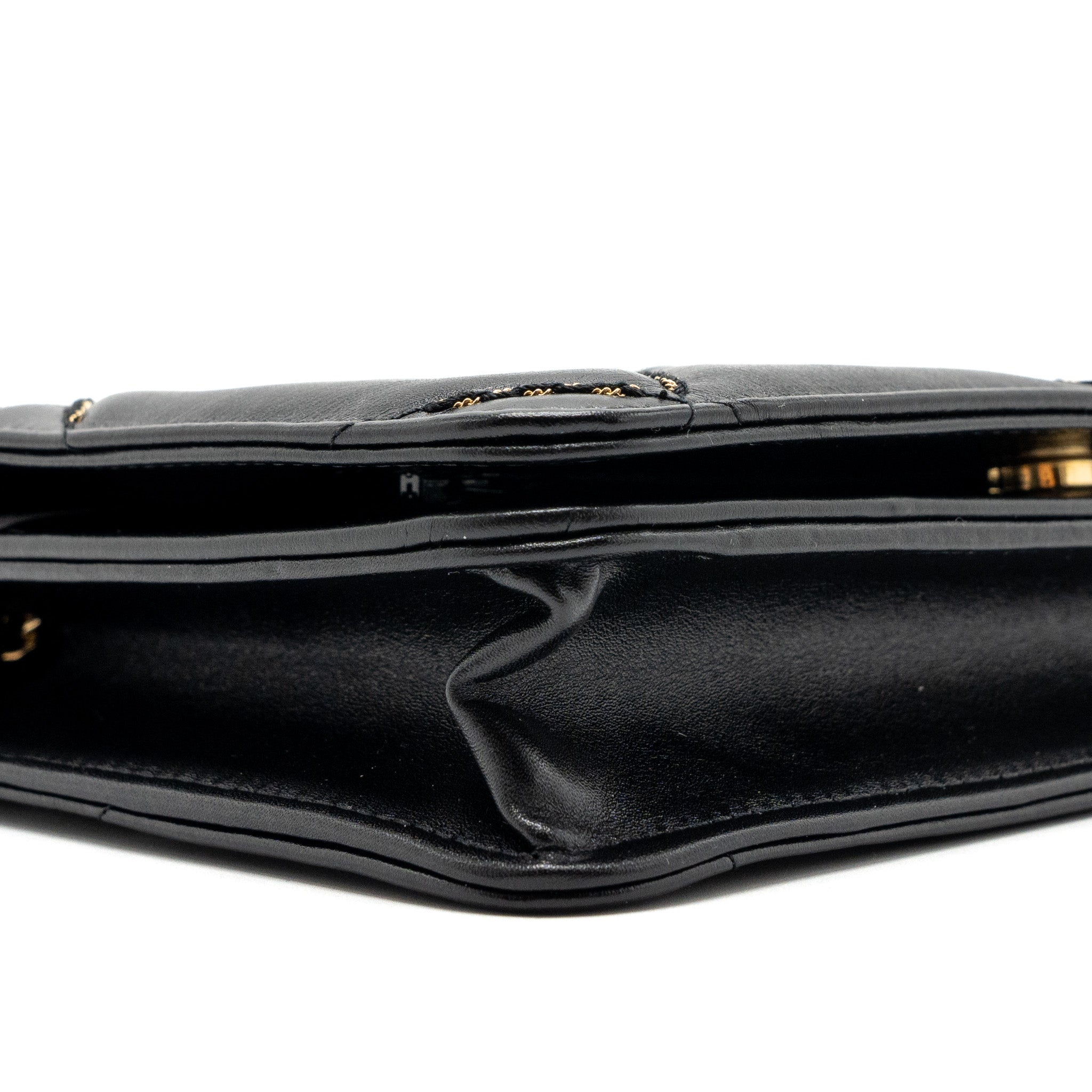 CHANEL QUILTED WALLET ON CHAIN SHINY CALFSKIN BLACK GHW (MICROCHIP)