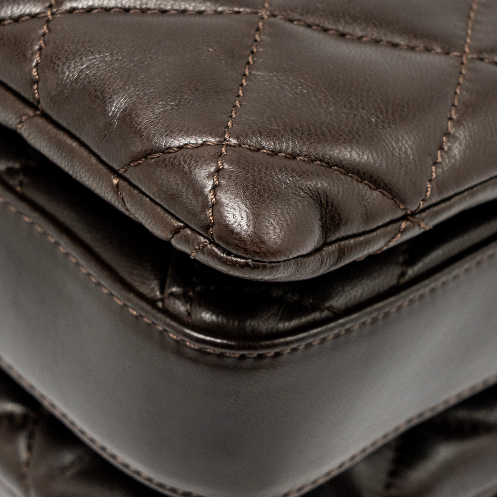 CHANEL LARGE QUILTED FLAP BAG WITH CHAIN LAMBSKIN DARK BROWN SHW