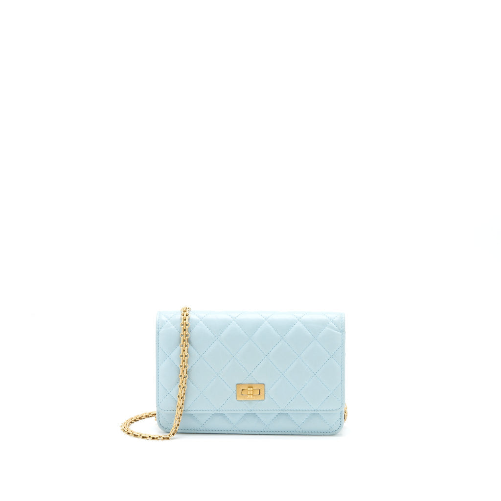 CHANEL 2.55 REISSUE WALLET ON CHAIN AGED CALFSKIN LIGHT BLUE BRUSHED GHW (MICROCHIP)