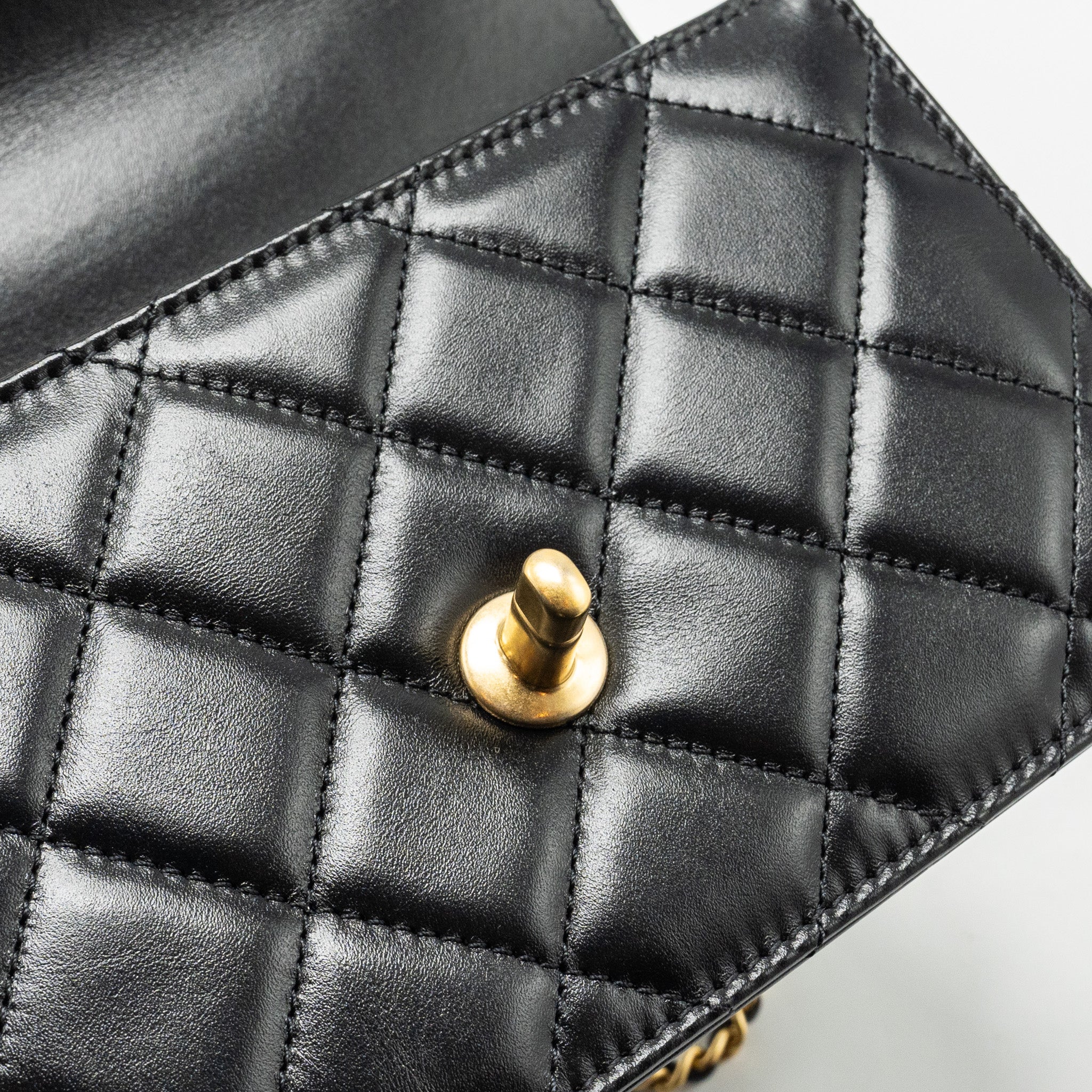 CHANEL 24C GOLD CRUSH MINI FLAP BAG CALFSKIN BLACK GHW (MICROCHIP)