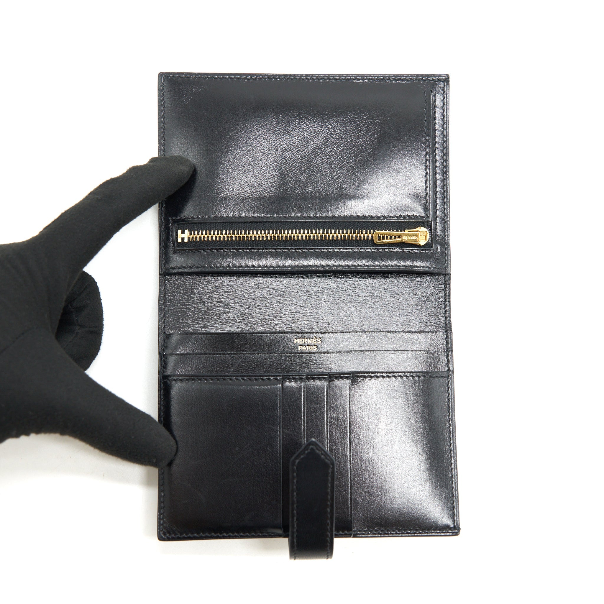HERMES BEARN COMPACT WALLET BOX CALFSKIN BLACK GHW
