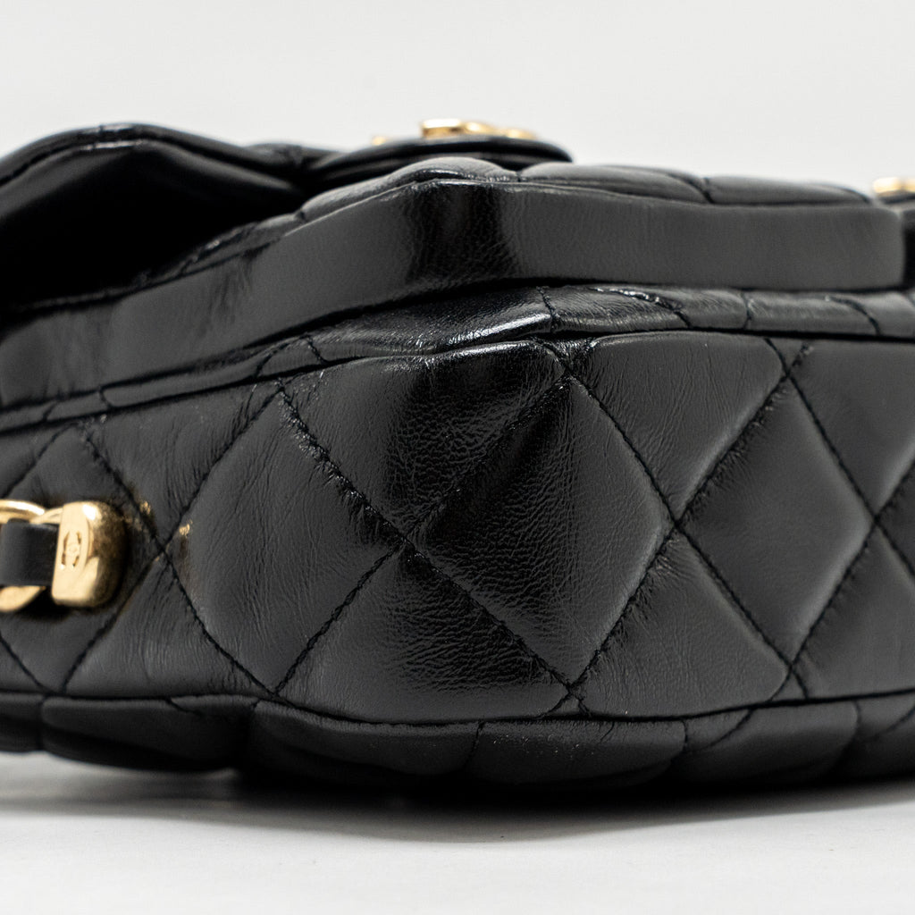 CHANEL DOUBLE POCKET TOP HANDLE MESSANGER BAG SHINY CALFSKIN BLACK GHW (MICROCHIP)