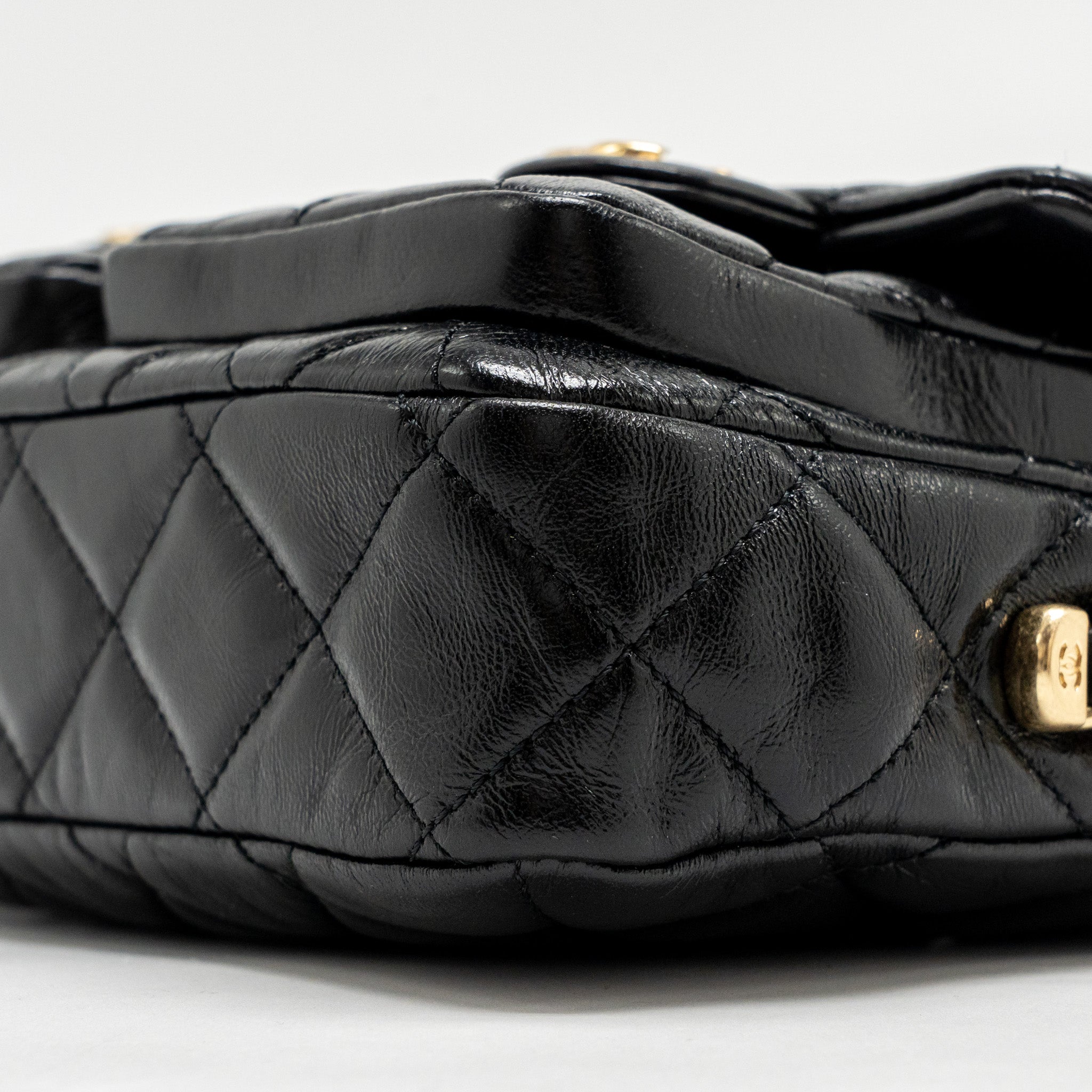 CHANEL DOUBLE POCKET TOP HANDLE MESSANGER BAG SHINY CALFSKIN BLACK GHW (MICROCHIP)