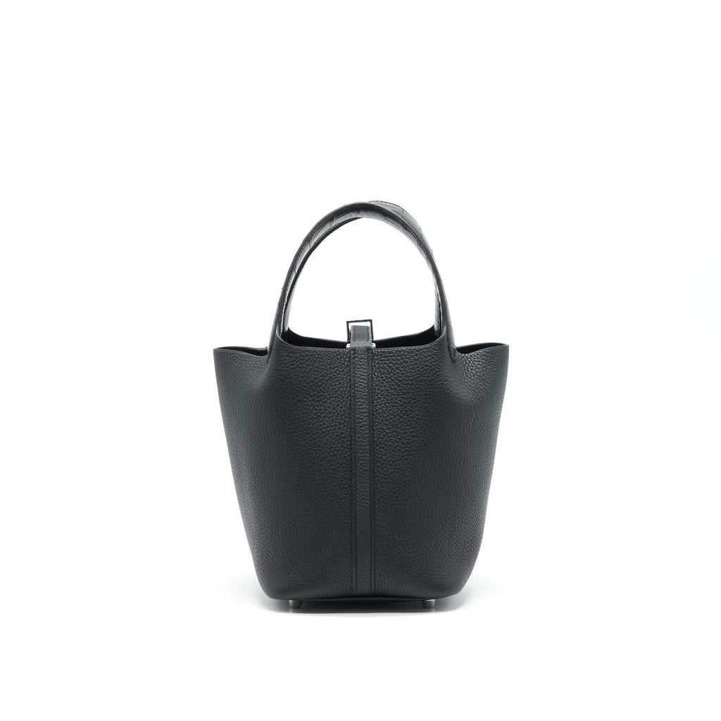 HERMES PICOTIN LOCK 18 TOUCH BAG CLEMENCE WITH ALLIGATOR HANDLE BLACK SHW
