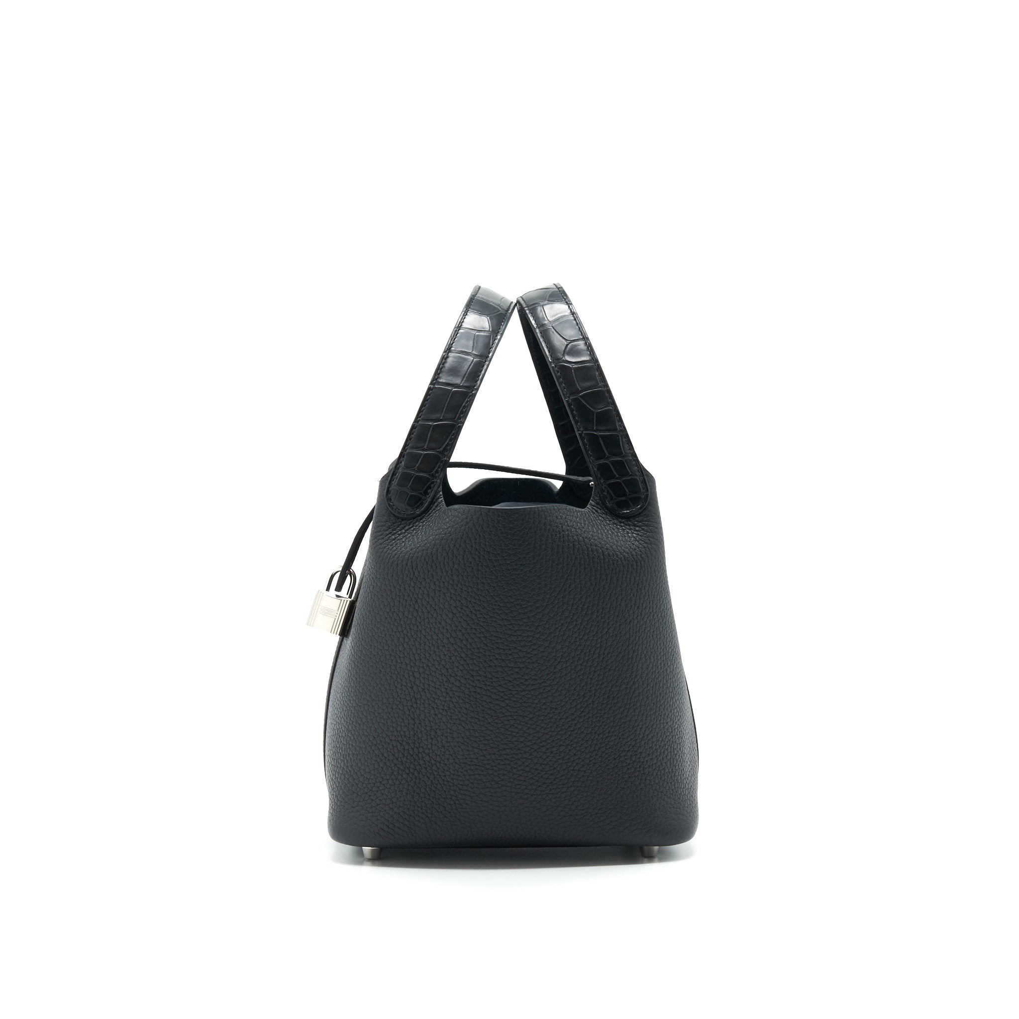 HERMES PICOTIN LOCK 18 TOUCH BAG CLEMENCE WITH ALLIGATOR HANDLE BLACK SHW