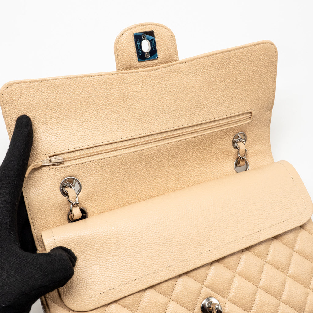 CHANEL MEDIUM CLASSIC DOUBLE FLAP BAG CAVIAR BEIGE SHW