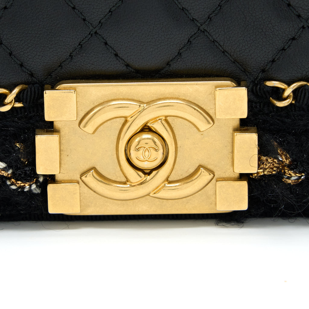 CHANEL SMALL JACKET BOY BAG LAMBSKIN/TWEED BLACK GHW
