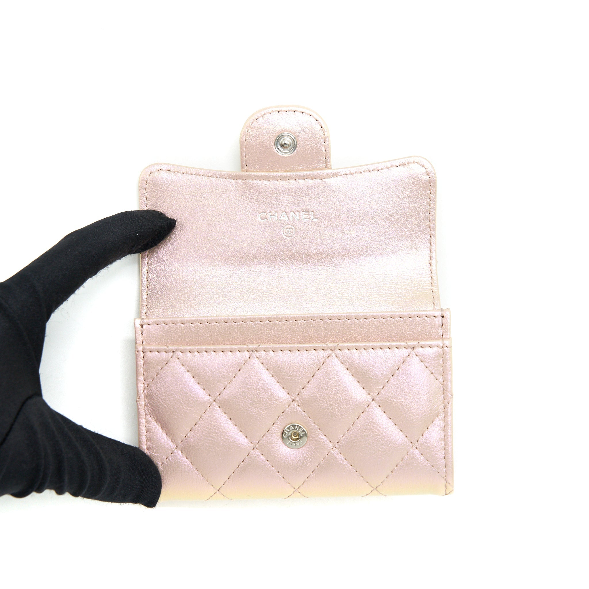 CHANEL 21K IRIDESCENT PINK FLAP CARD HOLDER