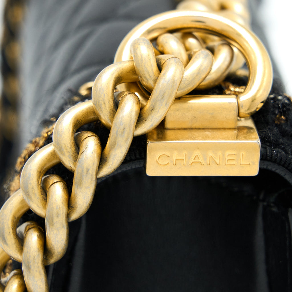 CHANEL SMALL JACKET BOY BAG LAMBSKIN/TWEED BLACK GHW