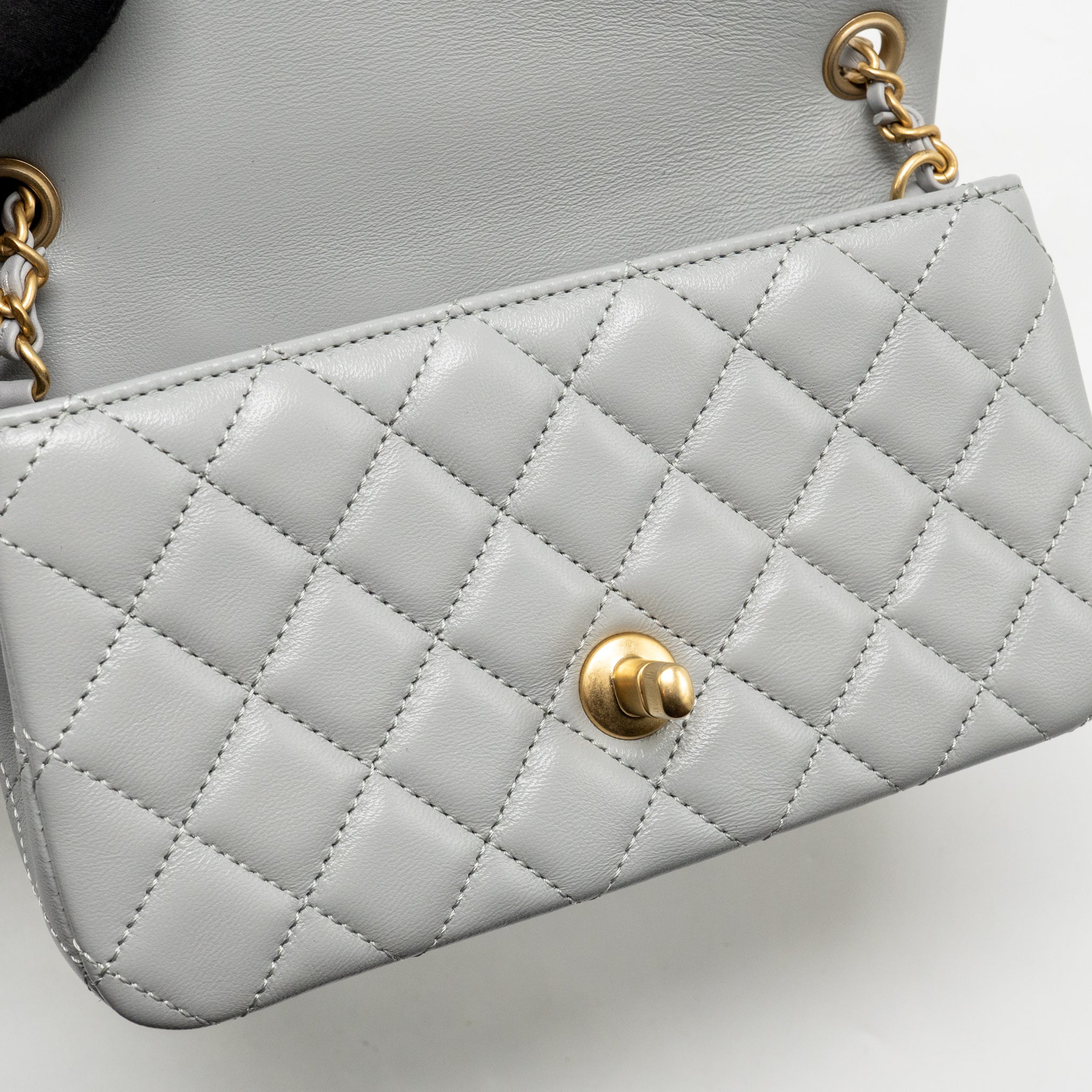CHANEL PEARL CRUSH MINI RECTANGULAR FLAP BAG LAMBSKIN GREY GHW (MICROCHIP)