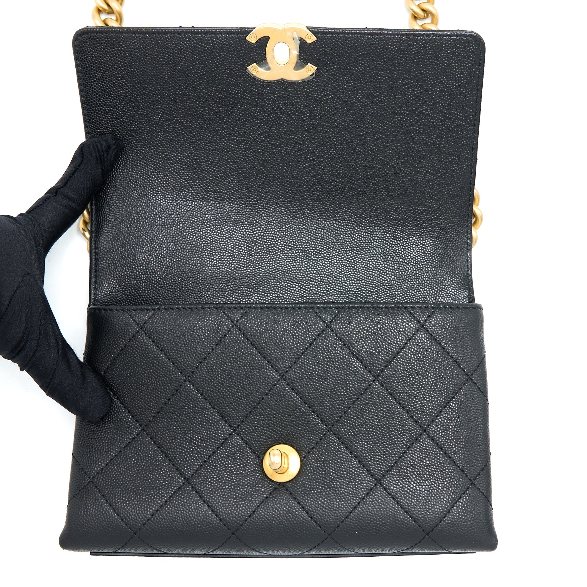 CHANEL DETAIL CHAIN FLAP BAG GRAINED CALFSKIN BLACK GHW (MICROCHIP)