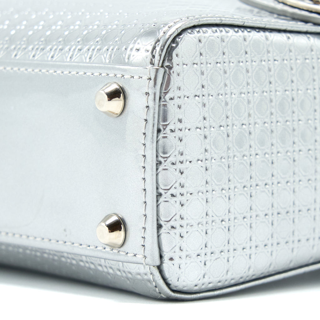 DIOR MINI LADY DIOR PATENT METALLIC SILVER SHW