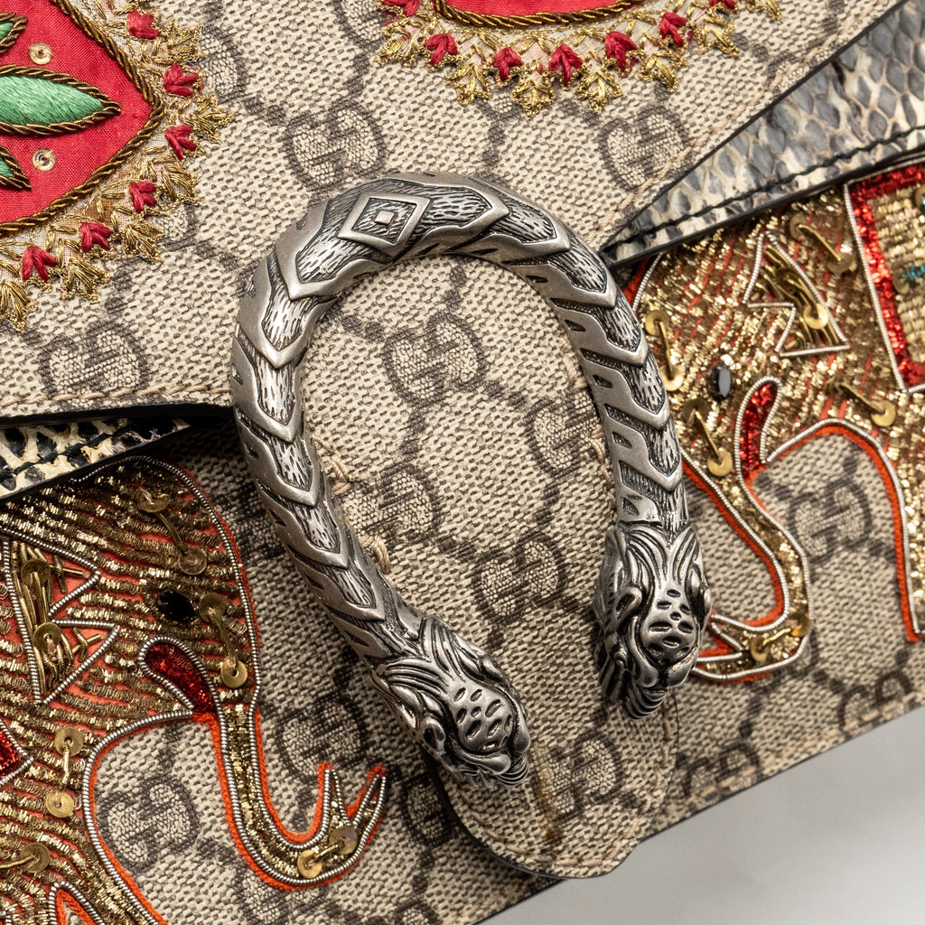 GUCCI SMALL ELEPHANT EMBROIDERED DIONYSUS SHOULDER BAG GG SUPREME CANVAS/LEATHER BEIGE/MULTICOLOUR SHW