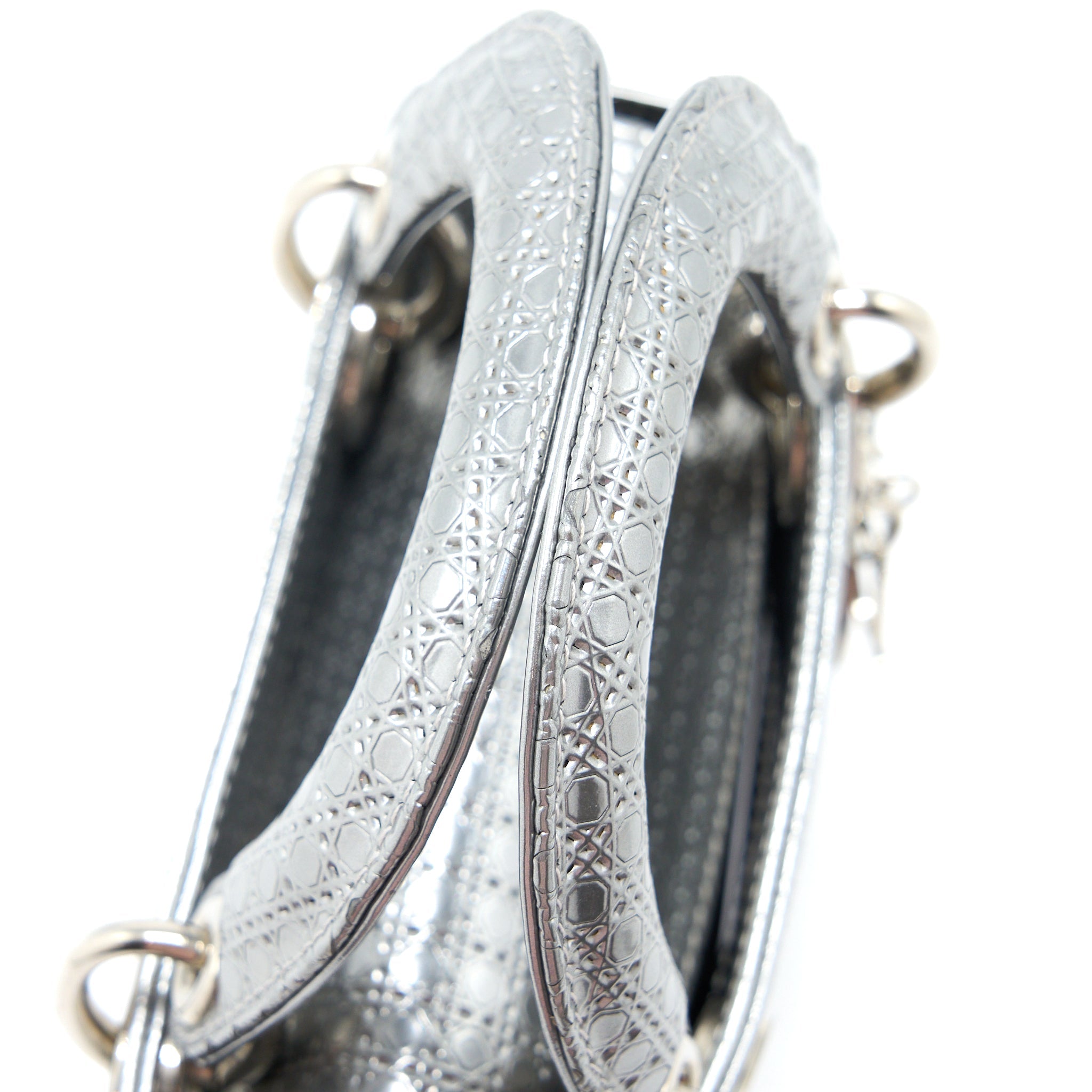DIOR MINI LADY DIOR PATENT METALLIC SILVER SHW