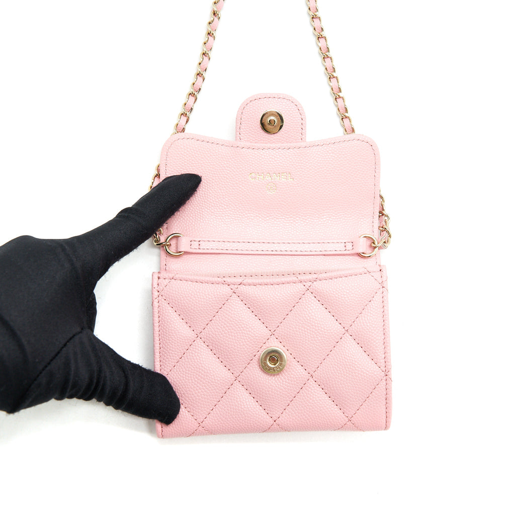 CHANEL CARD HOLDER ON CHAIN CAVIAR PINK LGHW