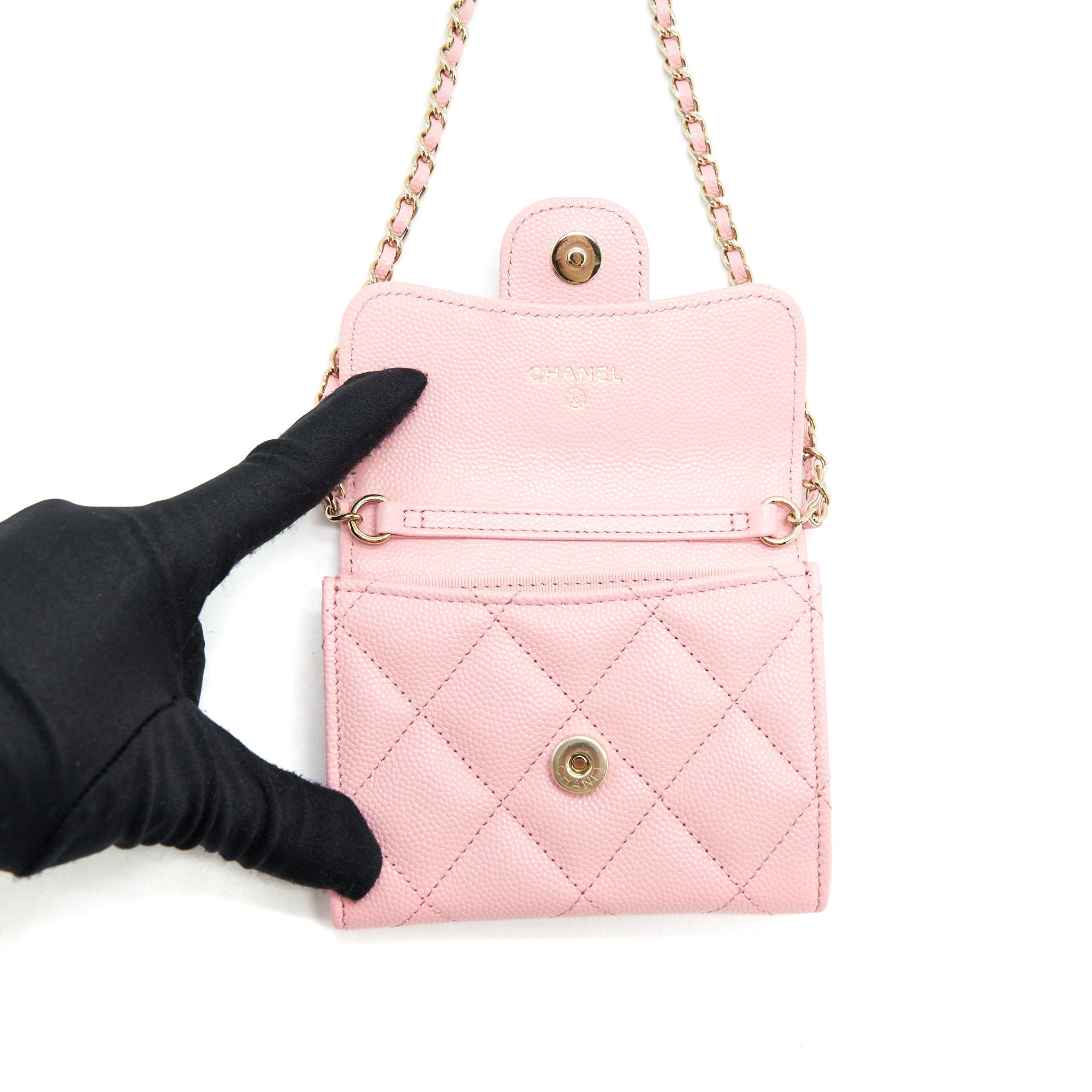 CHANEL CARD HOLDER ON CHAIN CAVIAR PINK LGHW