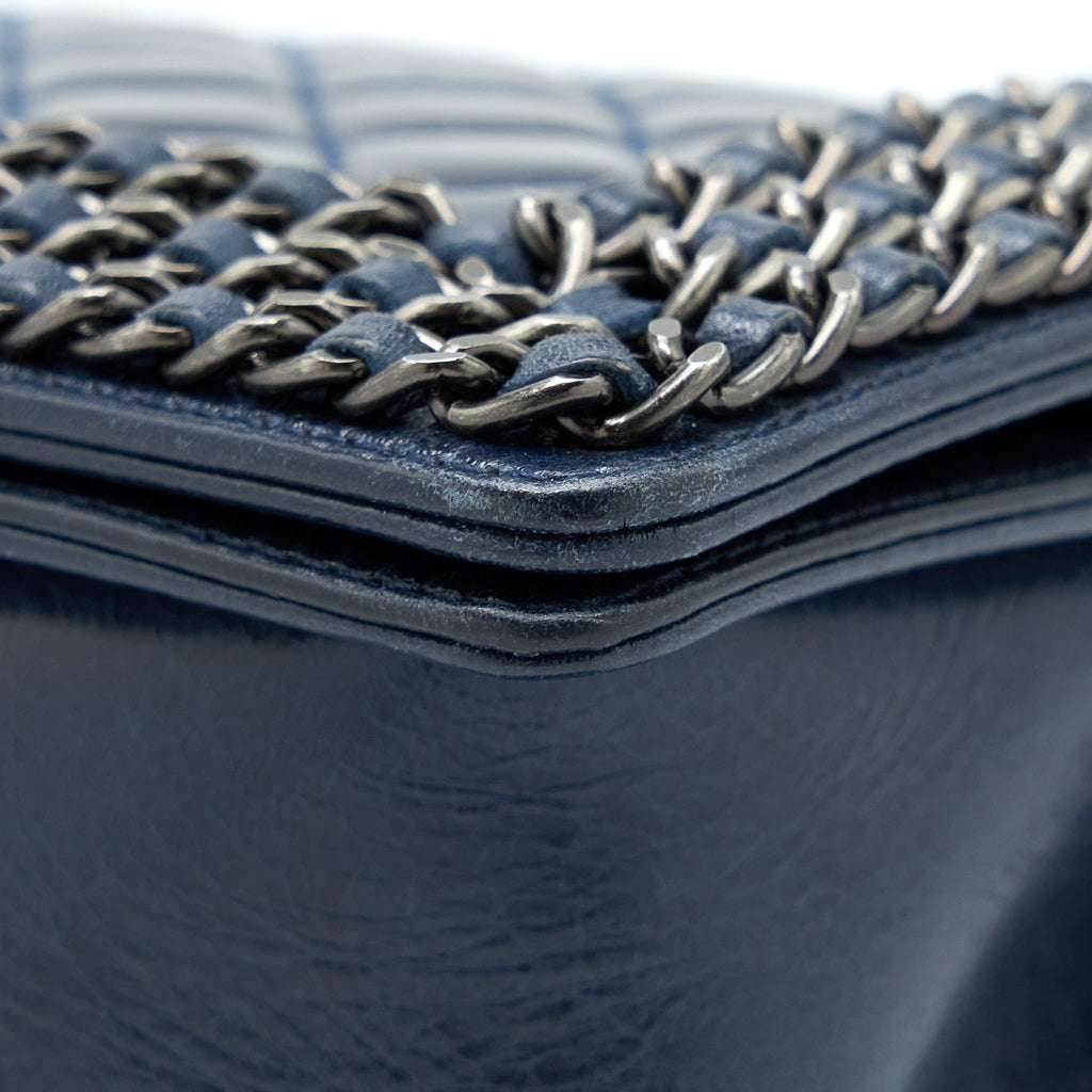 CHANEL MEDIUM BOY BAG LIMITED EDITION WITH CHAIN EDGE AGED CALFSKIN NAVY RUTHENIUM HARDWARE