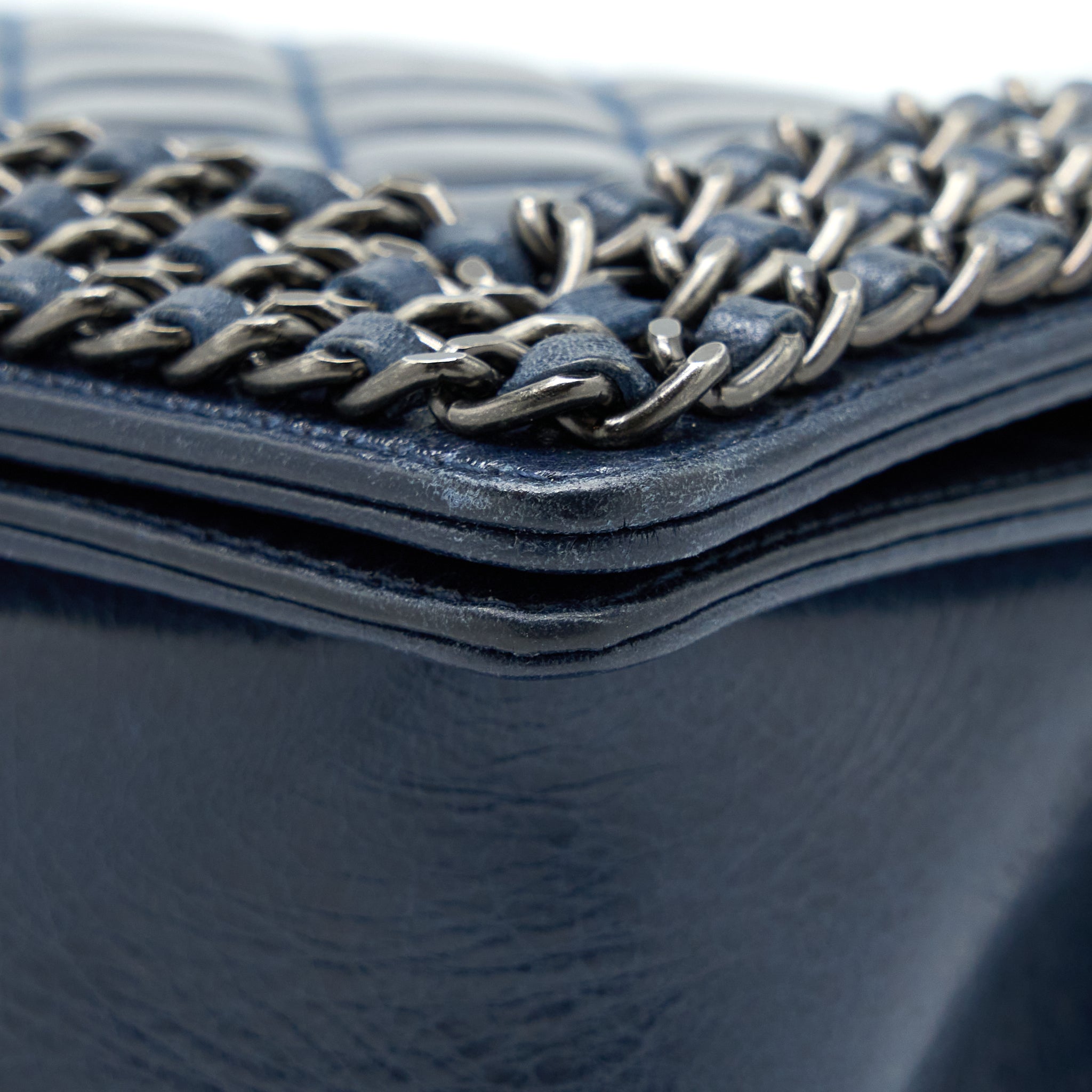 CHANEL MEDIUM BOY BAG LIMITED EDITION WITH CHAIN EDGE AGED CALFSKIN NAVY RUTHENIUM HARDWARE