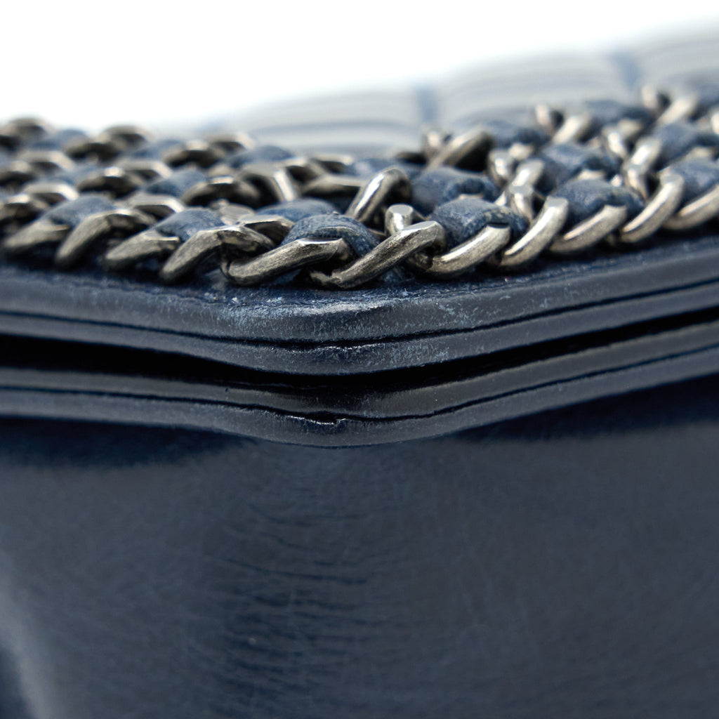 CHANEL MEDIUM BOY BAG LIMITED EDITION WITH CHAIN EDGE AGED CALFSKIN NAVY RUTHENIUM HARDWARE