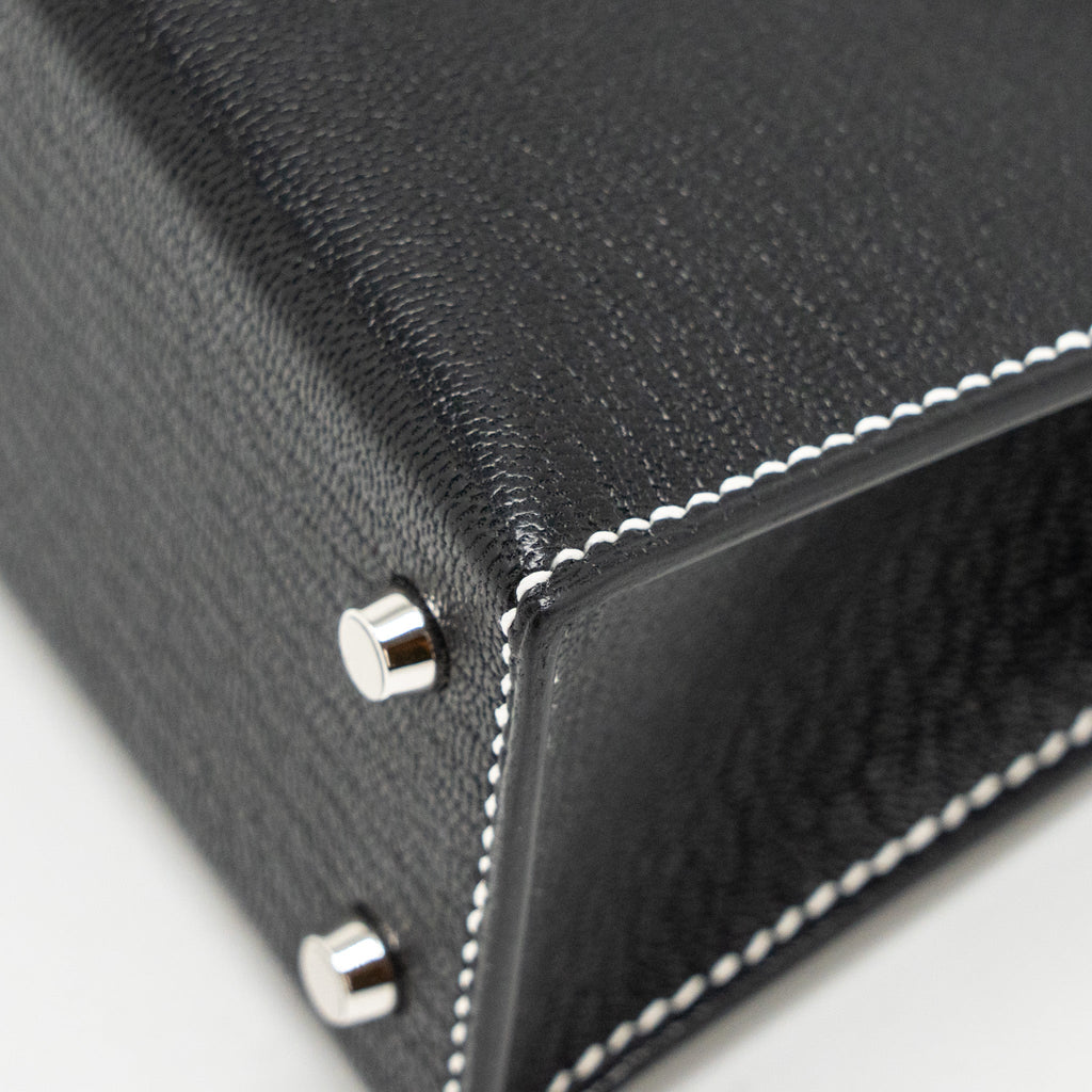 HERMES MINI KELLY II SPECIAL ORDER CHEVRE MYSORE BLACK / GRIS PERLE WHITE STITCHING SHW