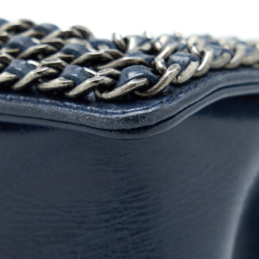 CHANEL MEDIUM BOY BAG LIMITED EDITION WITH CHAIN EDGE AGED CALFSKIN NAVY RUTHENIUM HARDWARE