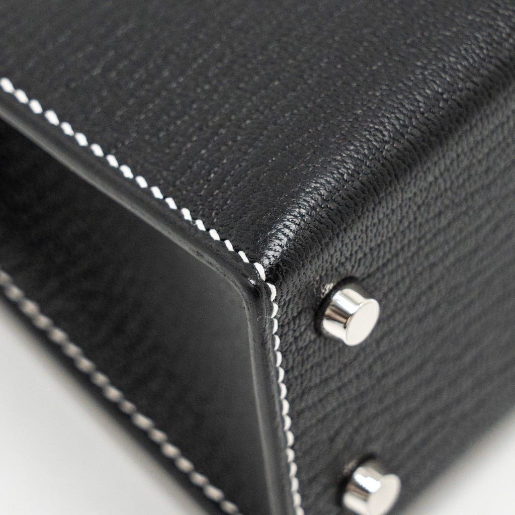 HERMES MINI KELLY II SPECIAL ORDER CHEVRE MYSORE BLACK / GRIS PERLE WHITE STITCHING SHW