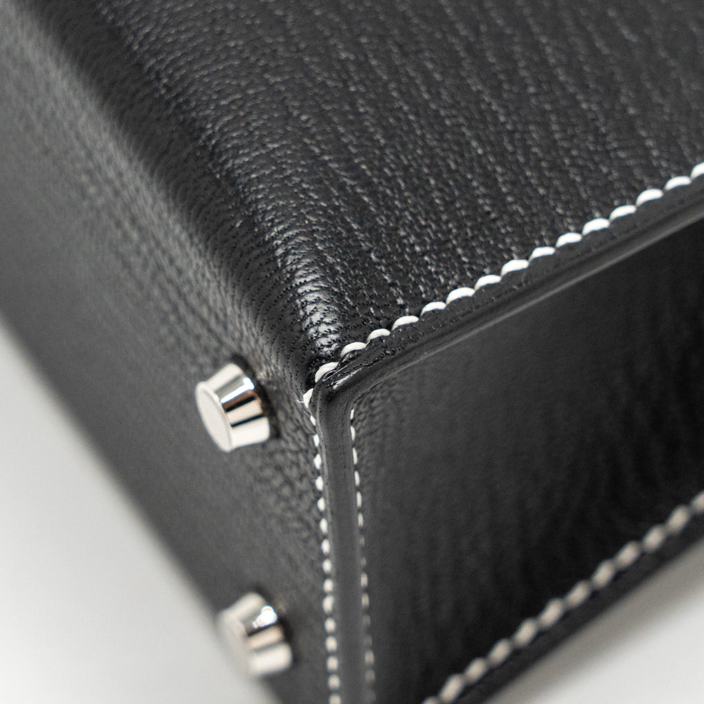HERMES MINI KELLY II SPECIAL ORDER CHEVRE MYSORE BLACK / GRIS PERLE WHITE STITCHING SHW
