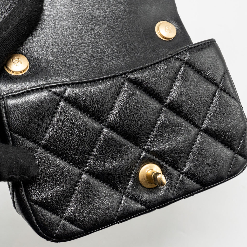 CHANEL 24S PEARL ADJUSTABLE CHAIN MINI FLAP BAG LAMBSKIN BLACK GHW (MICROCHIP)