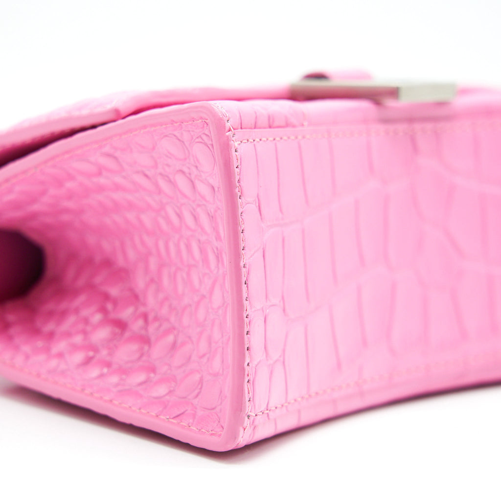 BALENCIAGA HOURGLASS XS CROC-EFFECT LEATHER TOTE PINK
