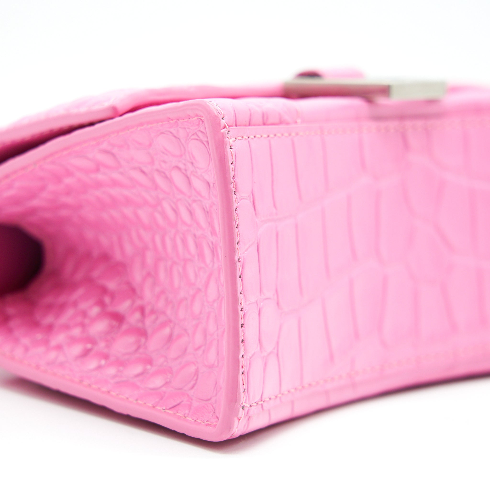 BALENCIAGA HOURGLASS XS CROC-EFFECT LEATHER TOTE PINK