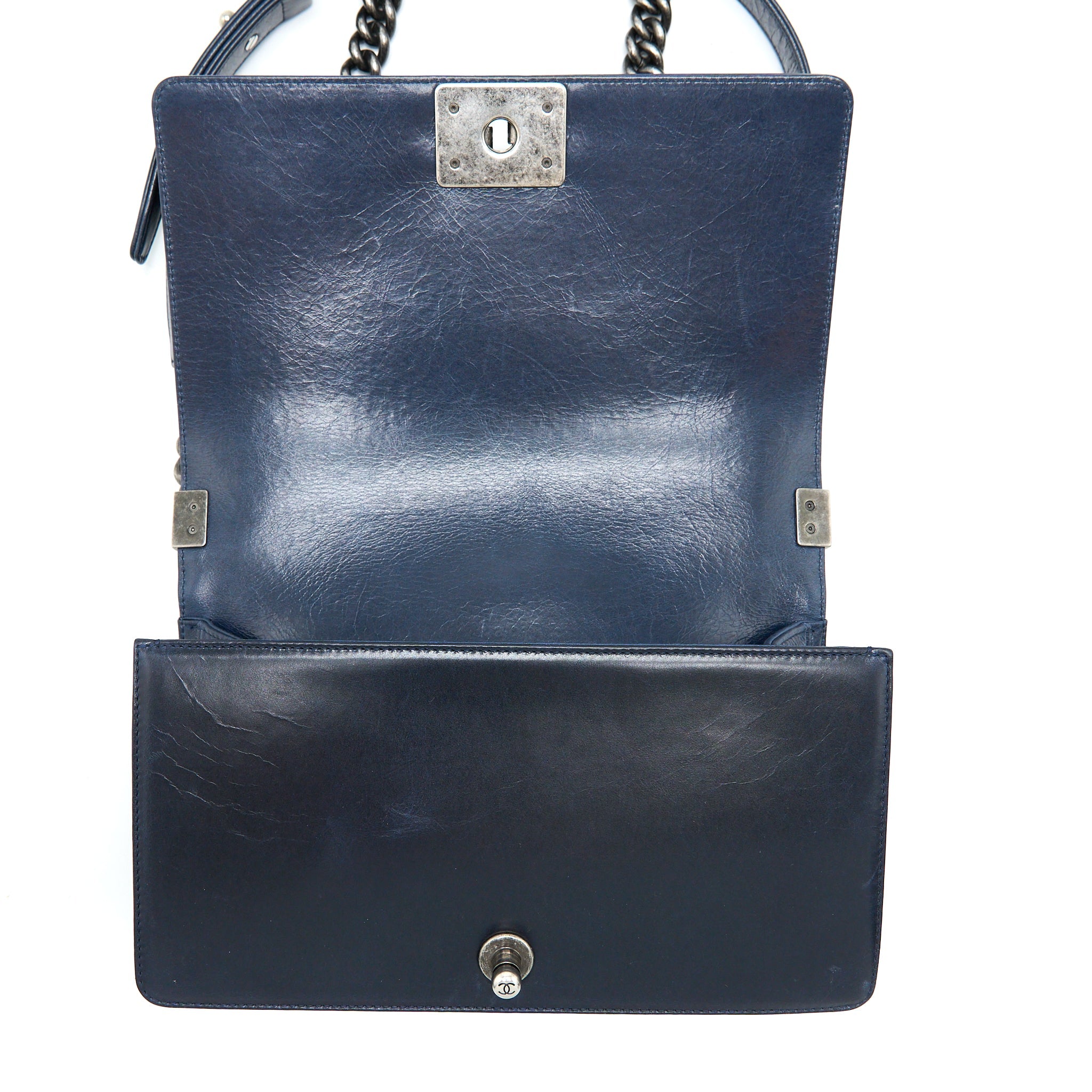 CHANEL MEDIUM BOY BAG LIMITED EDITION WITH CHAIN EDGE AGED CALFSKIN NAVY RUTHENIUM HARDWARE