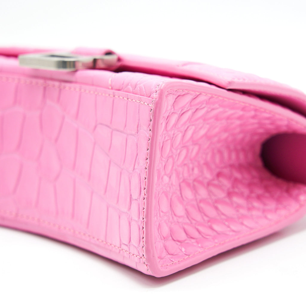 BALENCIAGA HOURGLASS XS CROC-EFFECT LEATHER TOTE PINK