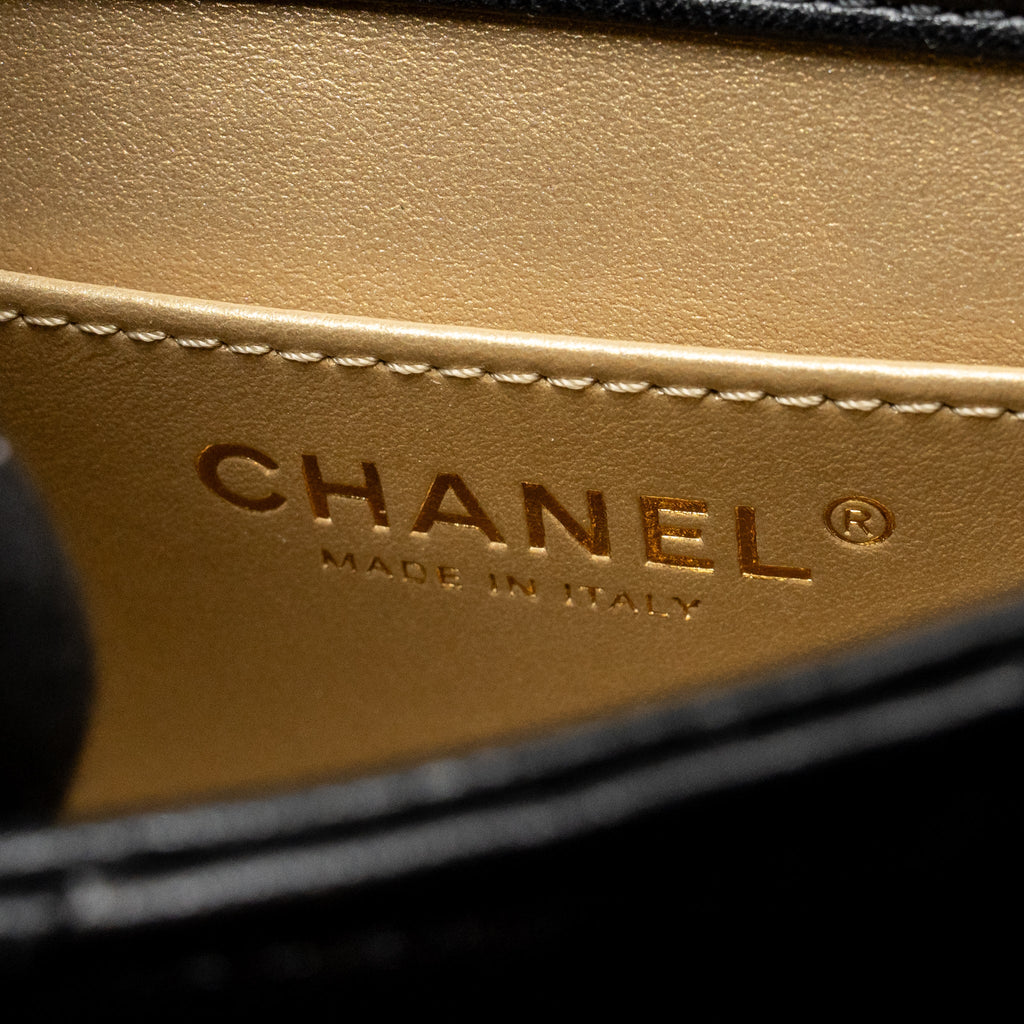 CHANEL 24S PEARL ADJUSTABLE CHAIN MINI FLAP BAG LAMBSKIN BLACK GHW (MICROCHIP)