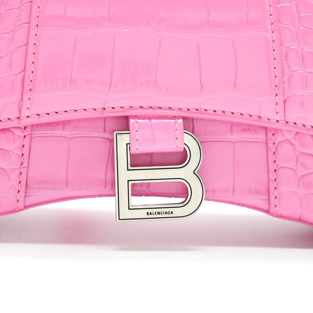 BALENCIAGA HOURGLASS XS CROC-EFFECT LEATHER TOTE PINK