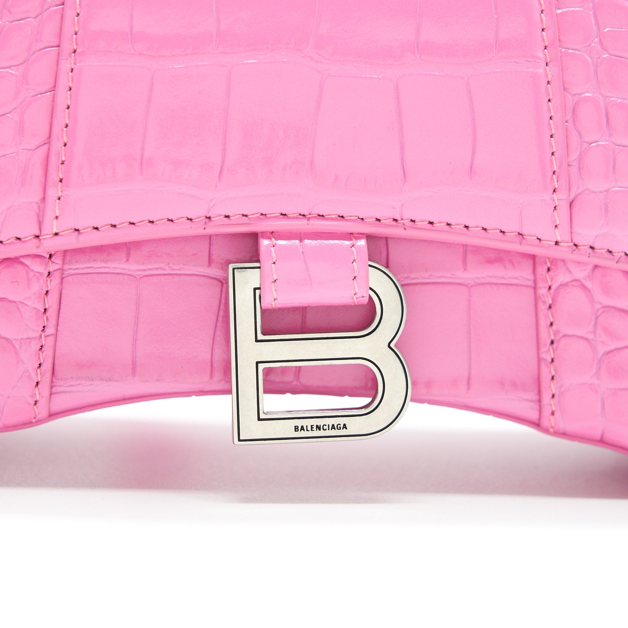 BALENCIAGA HOURGLASS XS CROC-EFFECT LEATHER TOTE PINK