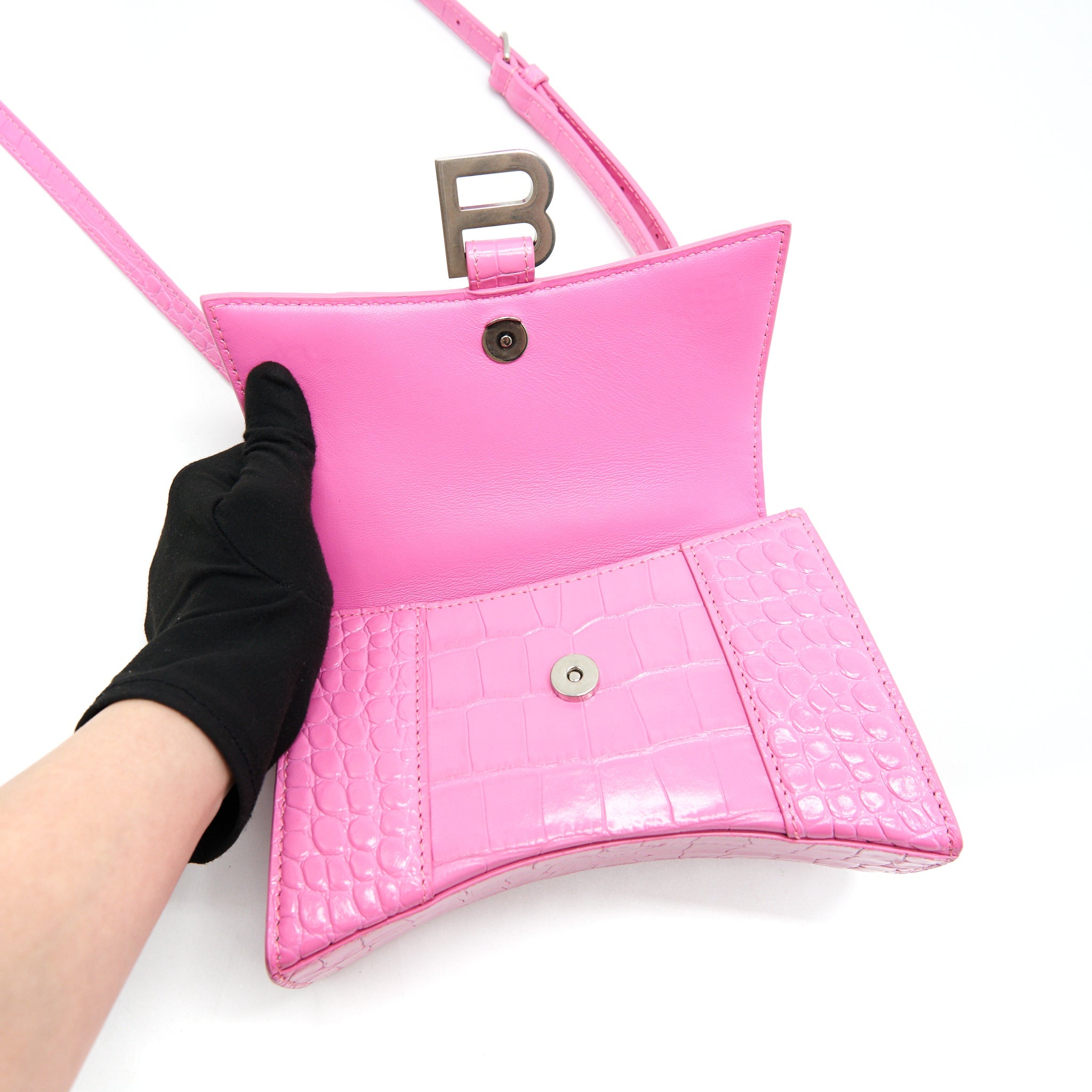 BALENCIAGA HOURGLASS XS CROC-EFFECT LEATHER TOTE PINK