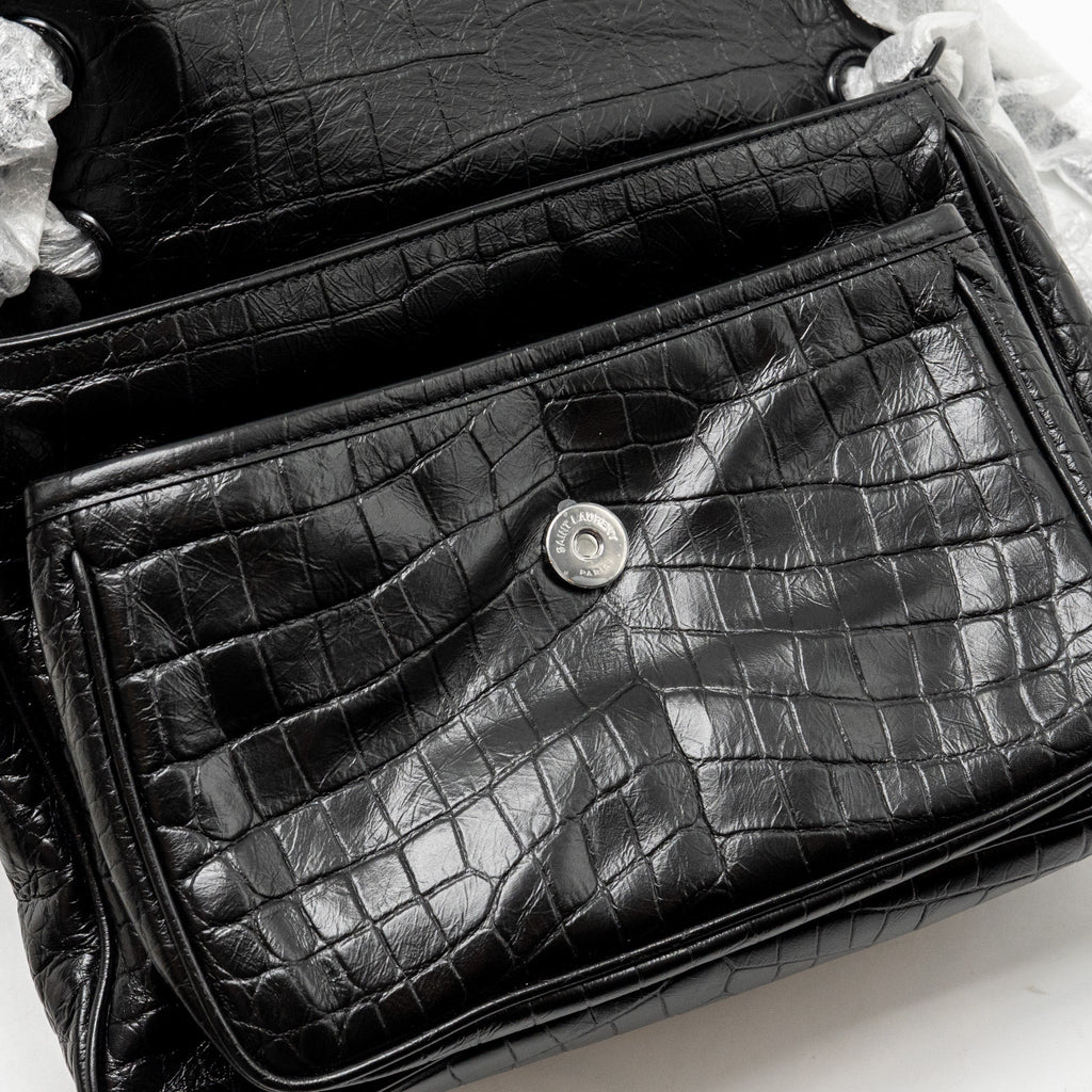 SAINT LAURENT / YSL MEDIUM NIKI BAG CROCODILE-EMBOSSED BLACK CALFSKIN BLACK HARDWARE