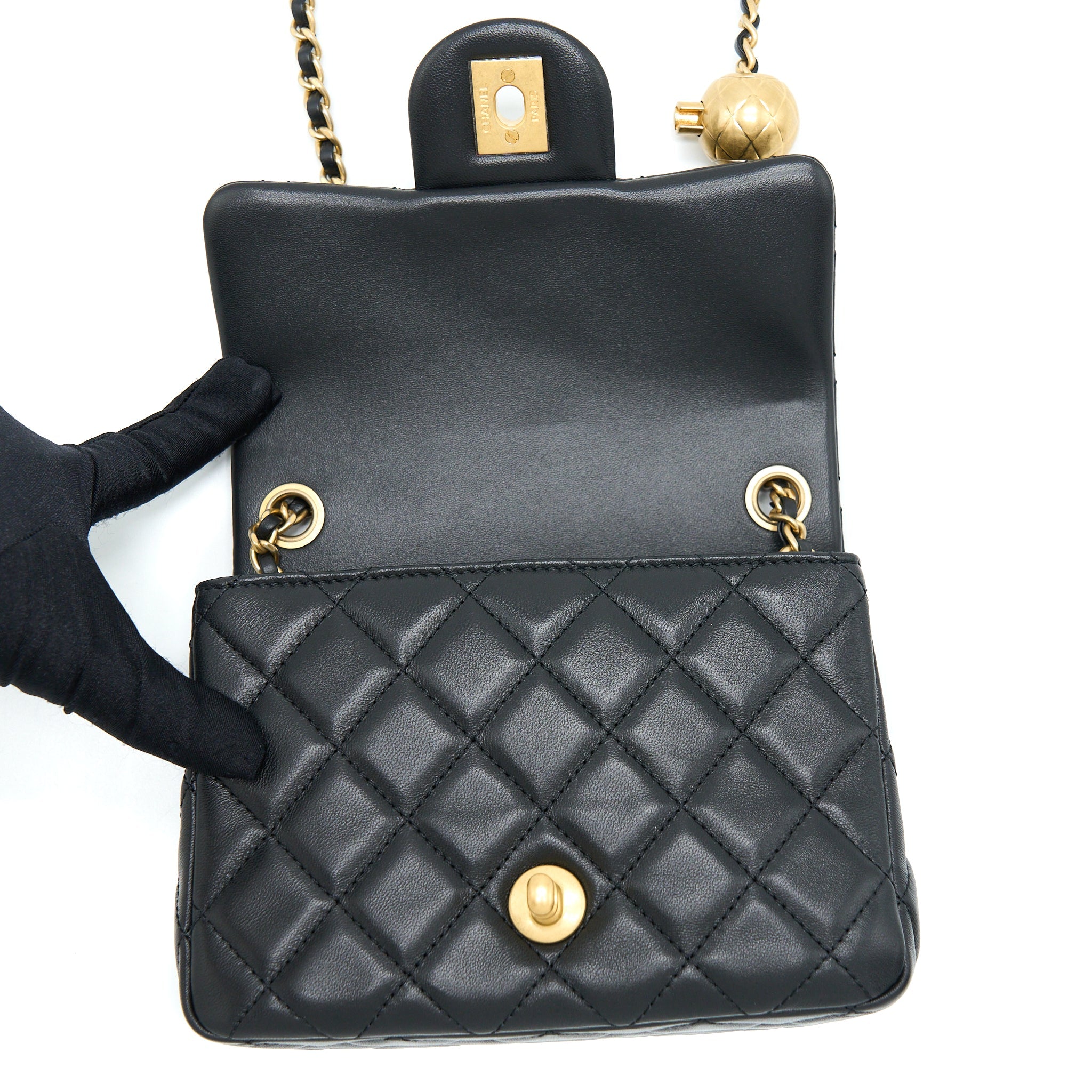 CHANEL PEARL CRUSH MINI SQUARE FLAP BAG LAMBSKIN BLACK GHW (MICROCHIP)