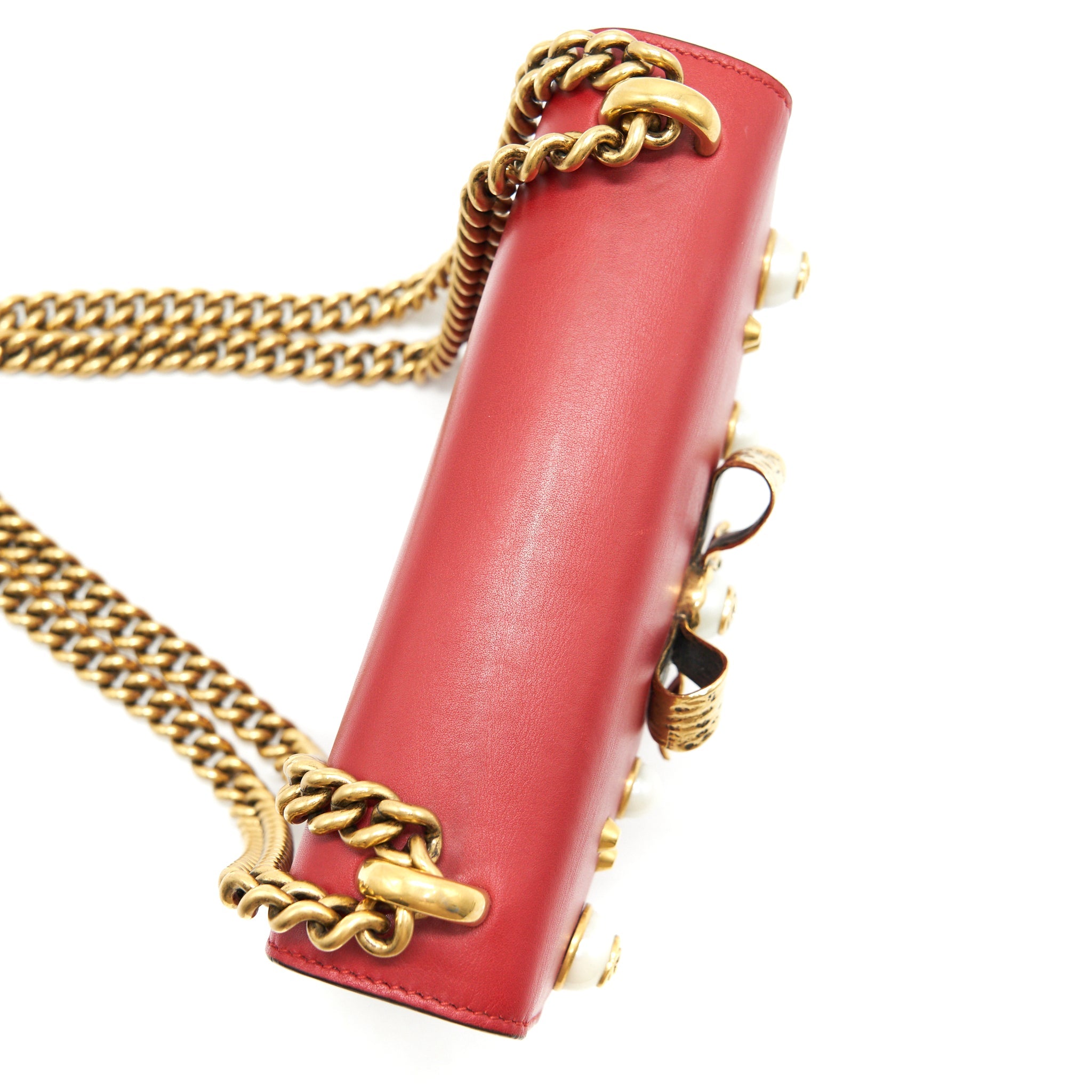 GUCCI BOW AND PEARL LEATHER CHAIN SHOULDER BAG RED