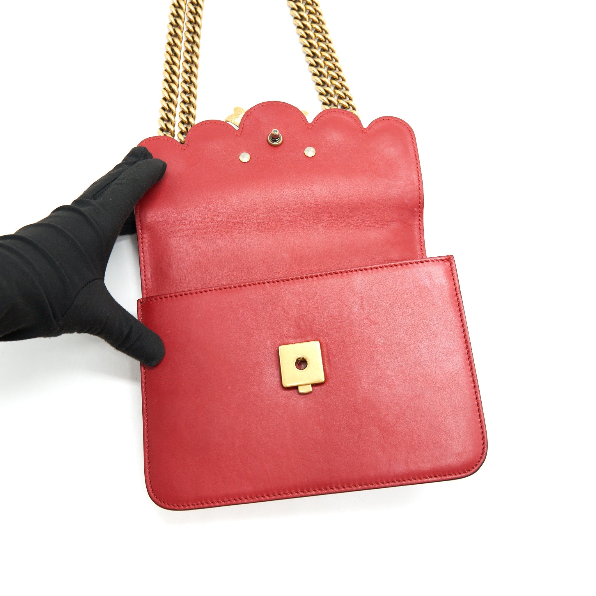 GUCCI BOW AND PEARL LEATHER CHAIN SHOULDER BAG RED