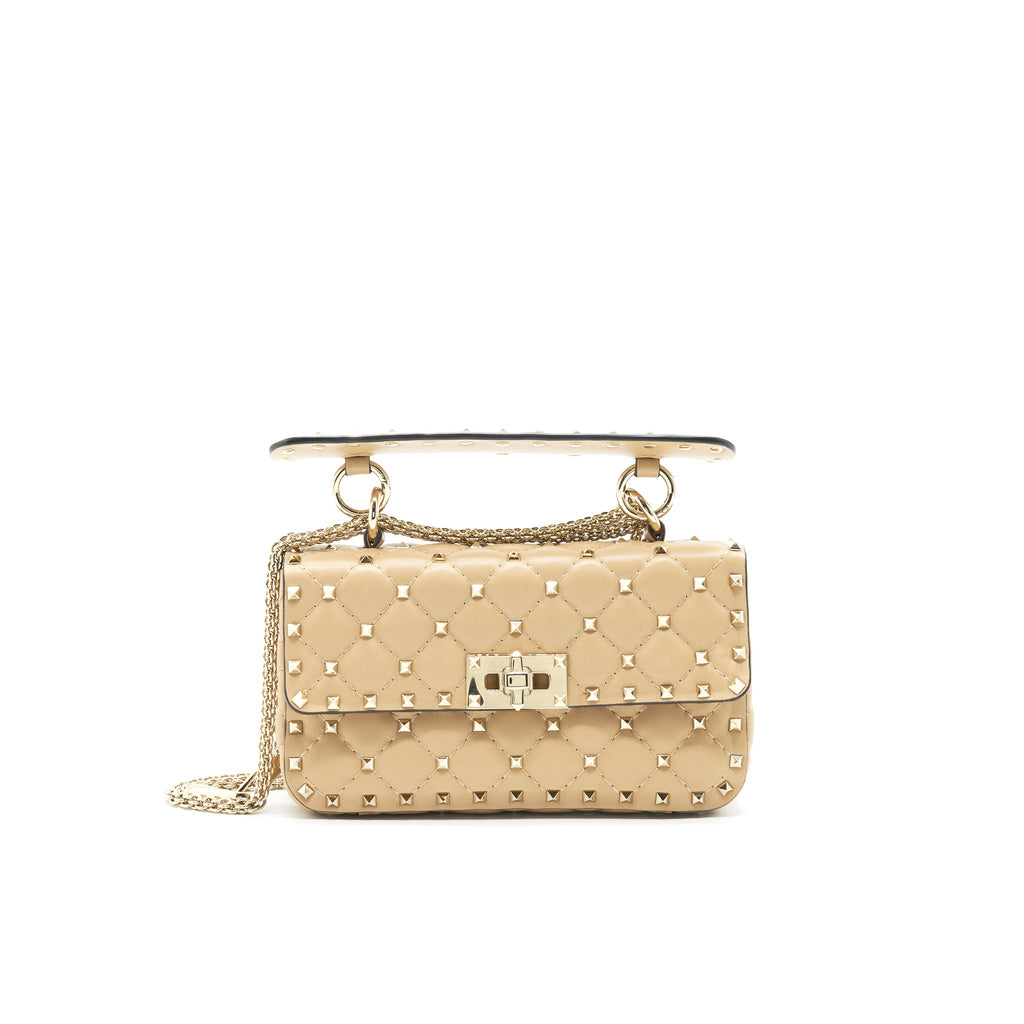 VALENTINO GARAVANI SMALL ROCKSTUD SPIKE SHOULDER BAG BEIGE LGHW