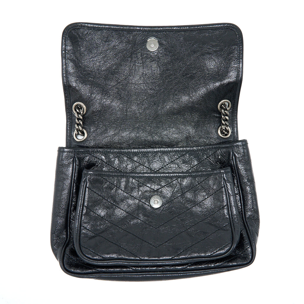 SAINT LAURENT NIKI AGED CALFSKIN BLACK WITH BLACK AND RUTHENIUM HARDWARE