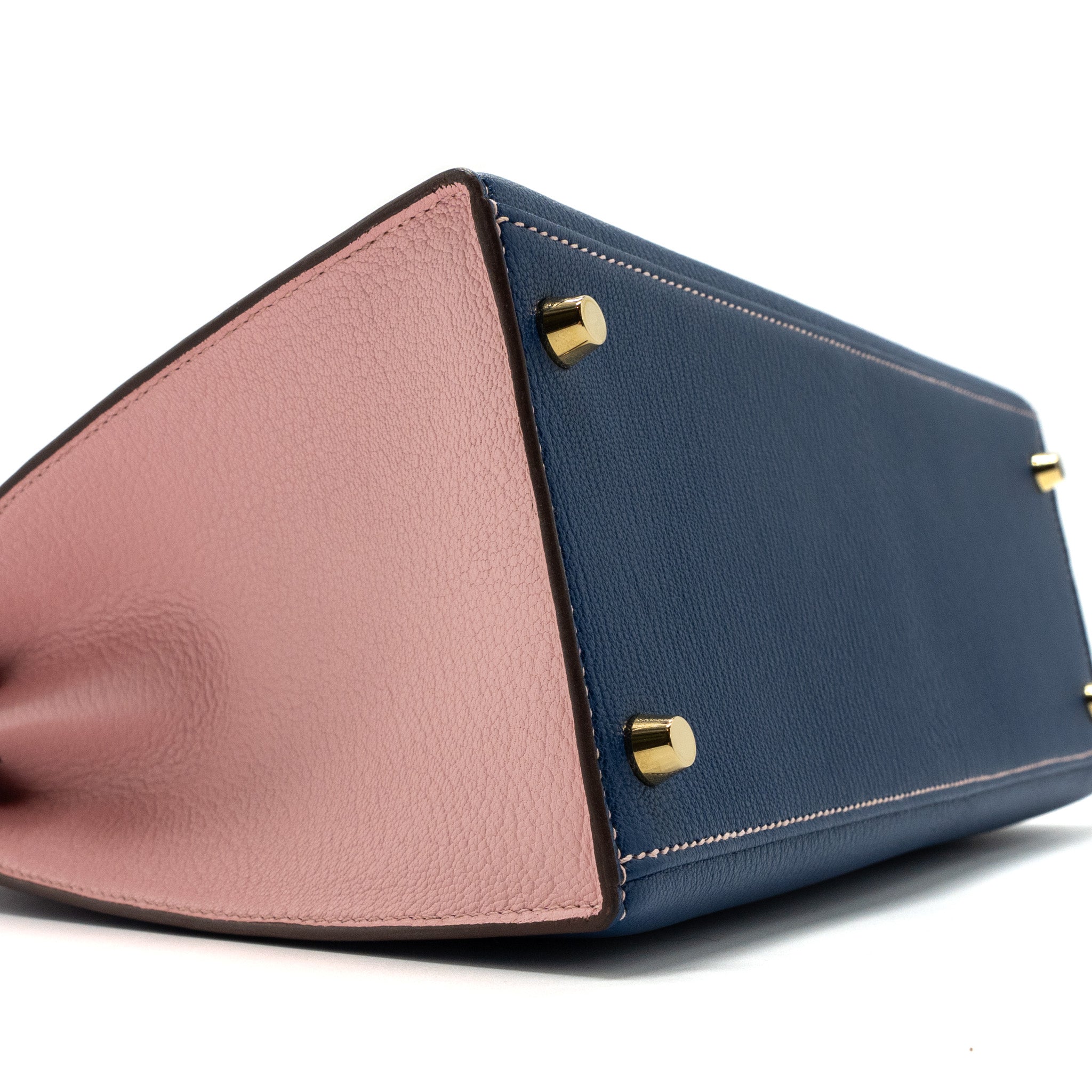 HERMES KELLY 28 SPECIAL ORDER CHEVRE MYSORE BLUE SAPPHIRE / ROSE SAKURA BRUSHED GHW