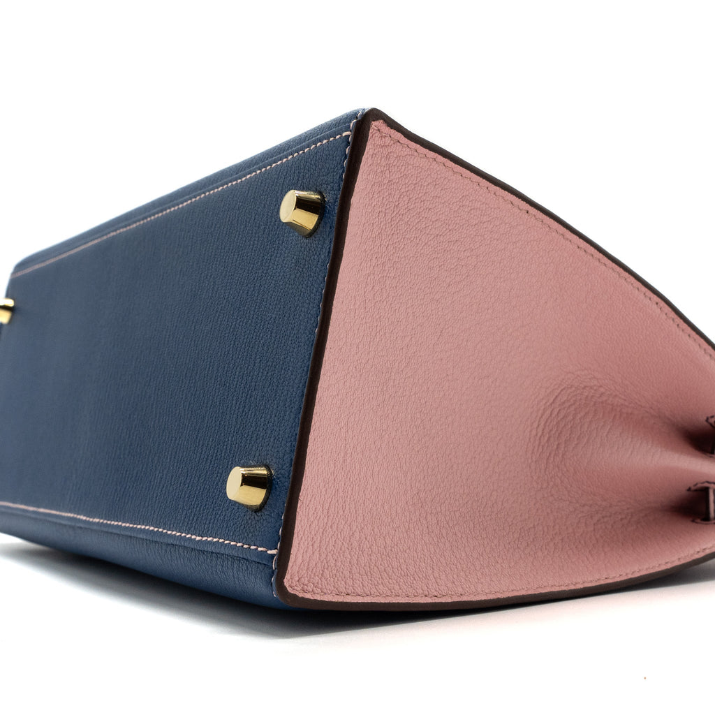 HERMES KELLY 28 SPECIAL ORDER CHEVRE MYSORE BLUE SAPPHIRE / ROSE SAKURA BRUSHED GHW