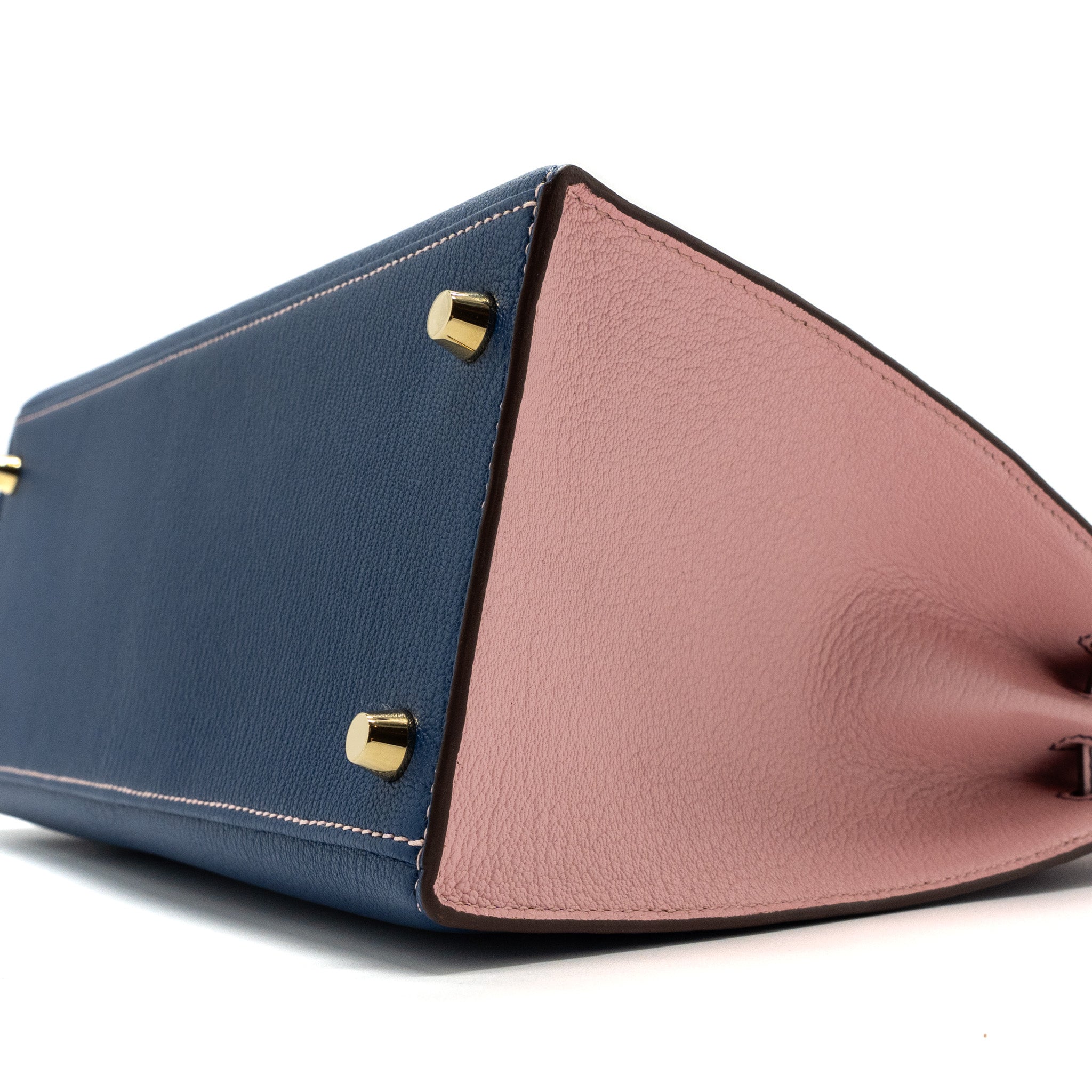 HERMES KELLY 28 SPECIAL ORDER CHEVRE MYSORE BLUE SAPPHIRE / ROSE SAKURA BRUSHED GHW
