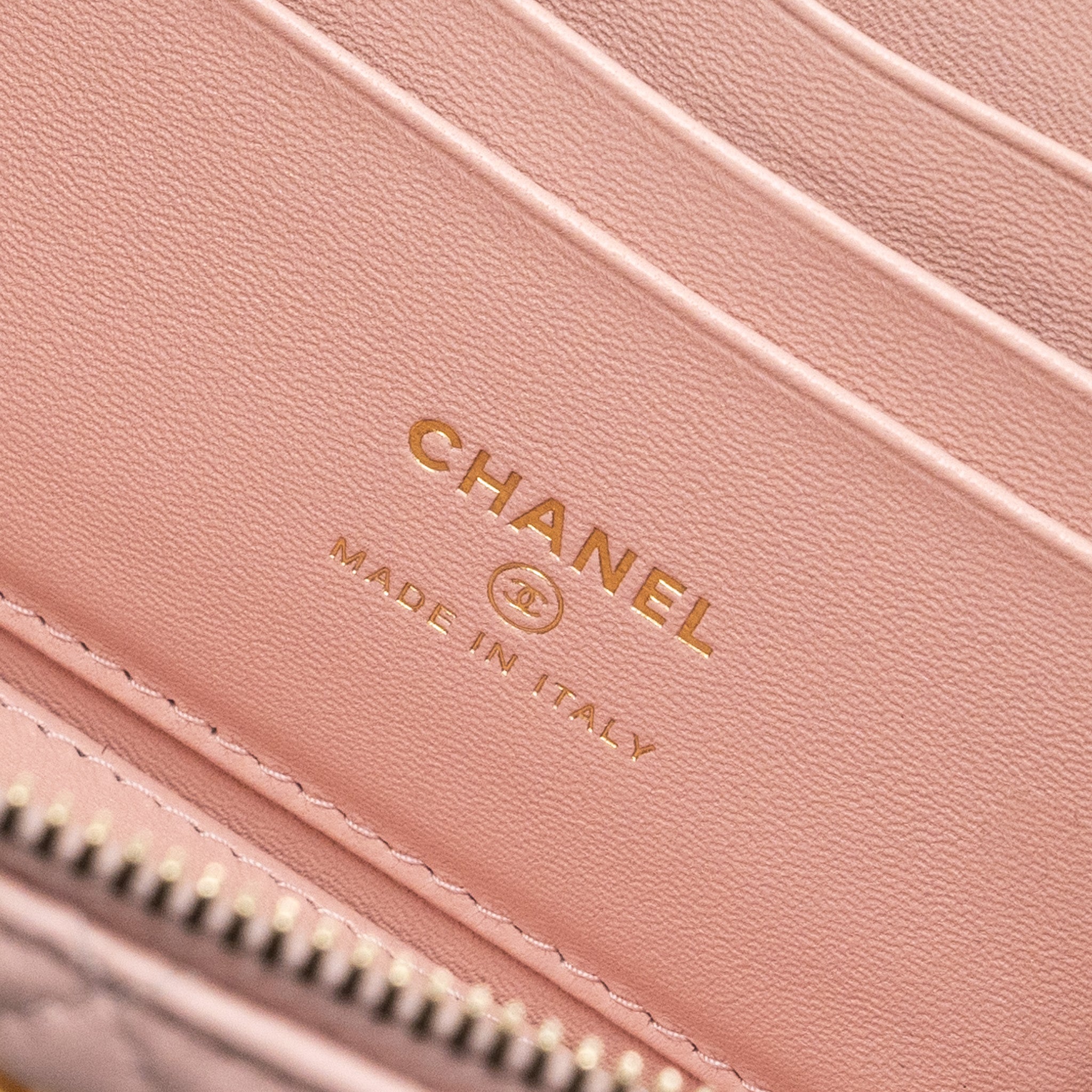 CHANEL LONG VANITY CASE CAMELLIA CHAIN LAMBSKIN  LIGHT PINK GHW (MICROCHIP)