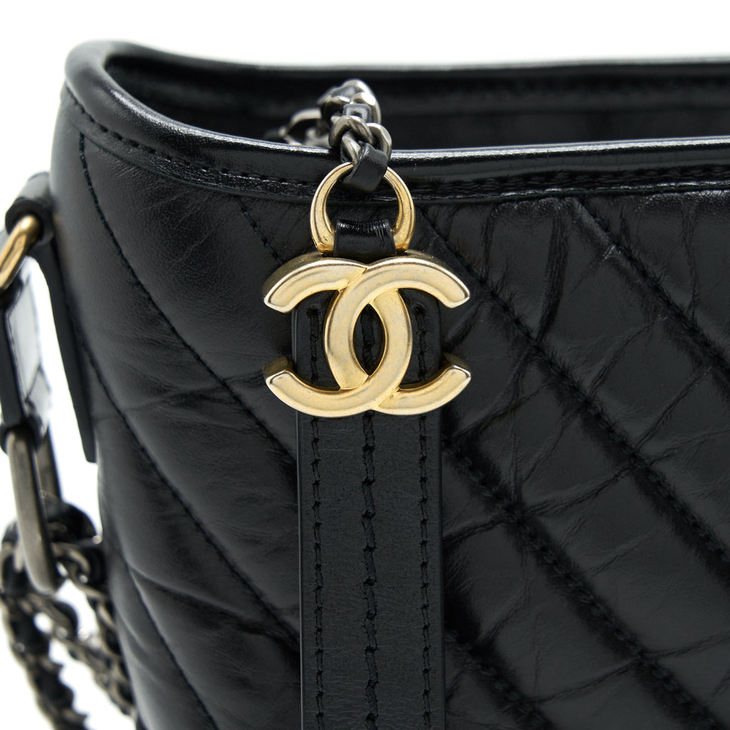 CHANEL CHEVRON GABRIELLE HOBO BAG BLACK WITH GOLD AND SILVER HARDWARE