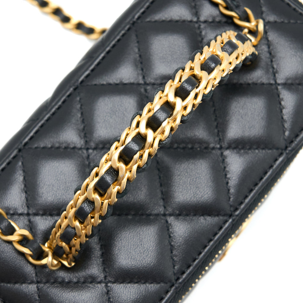 CHANEL 22K LEATHER CHAIN TOP HANDLE LONG VANITY CASE LAMBSKIN BLACK BRUSHED GHW