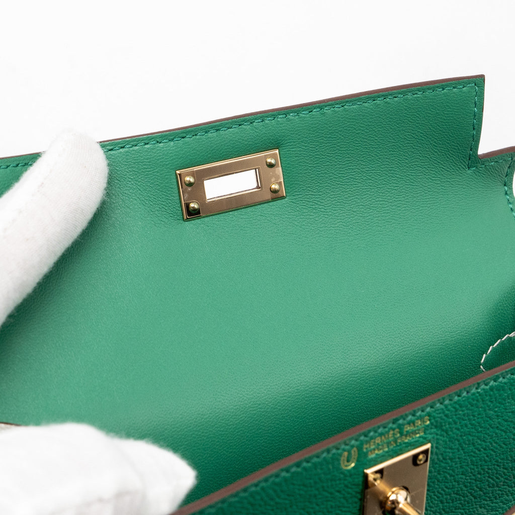 HERMES MINI KELLY SPECIAL ORDER CHÈVRE MYSORE VERT VERTIGO/GRIS PERLE LGHW