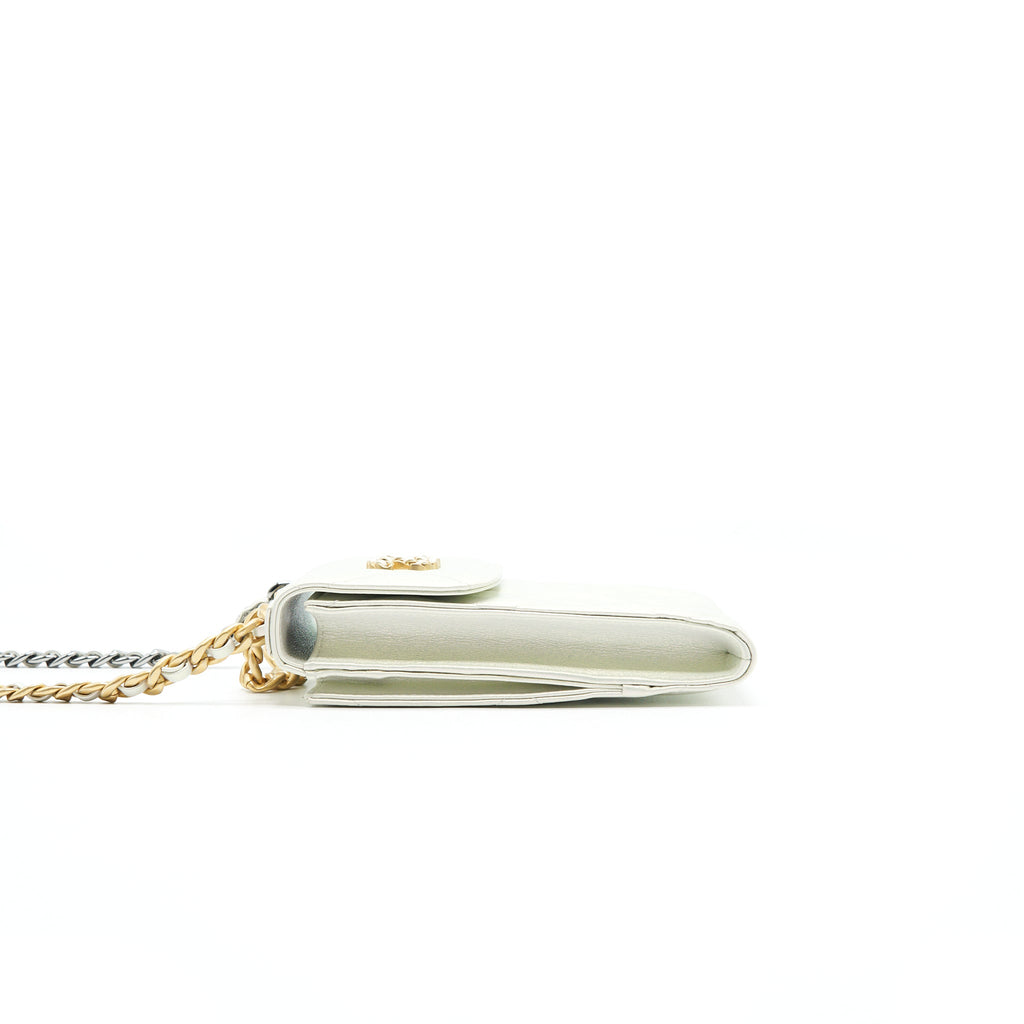 CHANEL 19 PHONE CASE WITH CHAIN IRIDESCENT WHITE